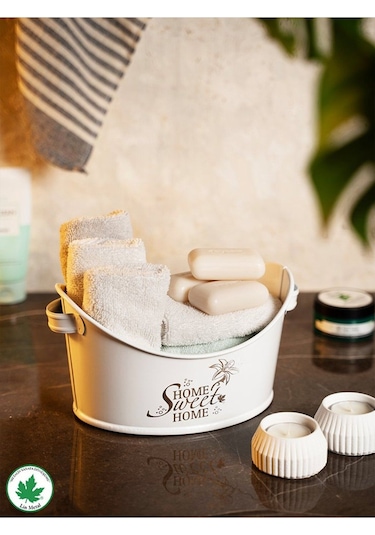 Kayık Metal Banyo Organizeri Home Sweet Home Baskılı Beyaz