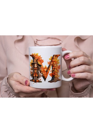 M Harf Sonbahar Yaprak Temalı Kupa Bardak - Sevimli Figürler İle Alfabe Harfli Bardak - Kişiye Özel Beyaz