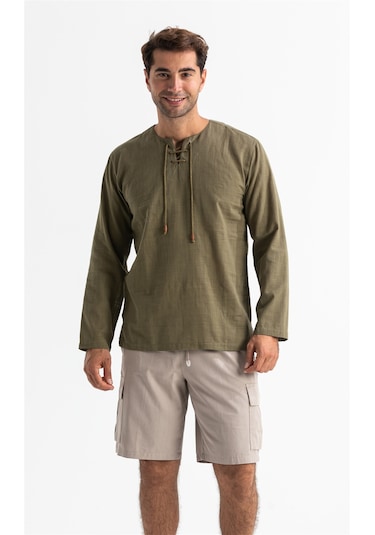 Uzun Kol Şile Bezi Zımbalı Erkek Tshirt Haki 3049 Haki