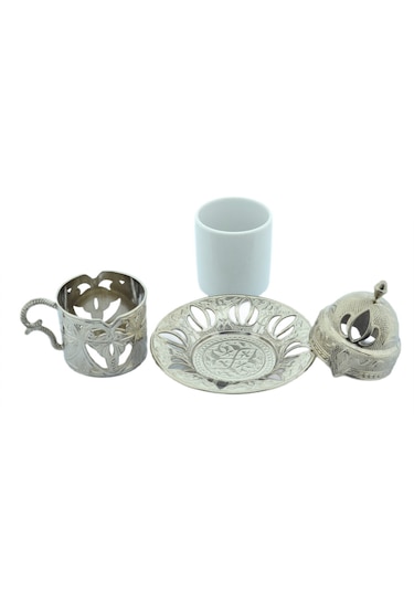 Defne 6 Kişilik 24 Parça Porselenli Gümüş Renk Kahve Fincan Seti Gümüş