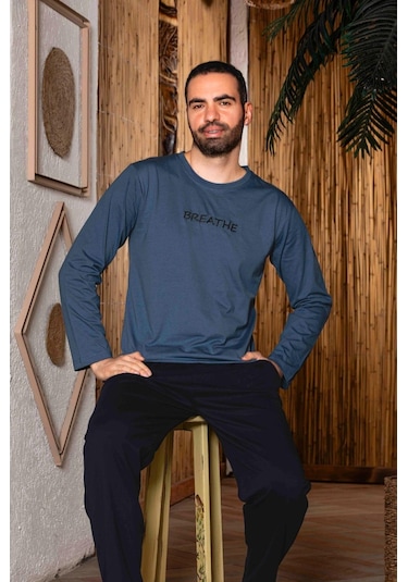 Erkek Penye Pamuk Regular Kalıp Sıfır Yaka Pijama Takımı A803123-koyu Mavi Koyu Mavi