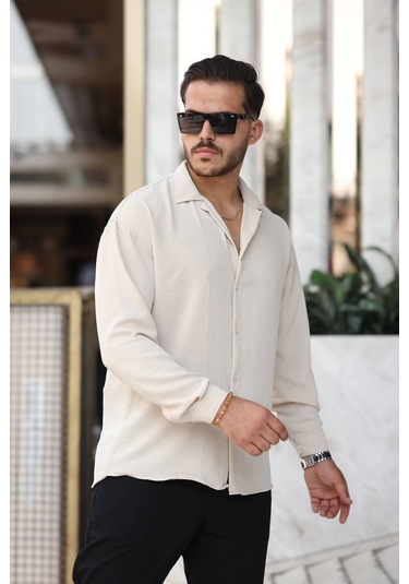 Tex Republic Erkek Krem Rahat Kesim Dokulu Oversize Salaş Aerobin Gömlek Krem
