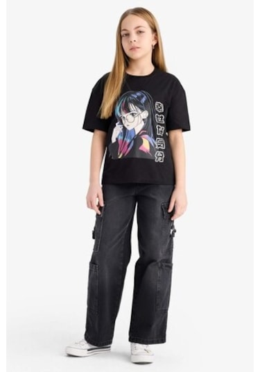 DeFacto Kız Çocuk Relax Fit Bisiklet Yaka Baskılı Kısa Kollu Tişört E0389A825SMBK81