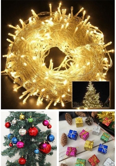 Özel 3 Lü Yılbaşı Seti 12 Adet Mini Hediye Paketi 6 Lı Renkli Çam Ağacı Topları 10 Metre Led Işık Çok Renkli