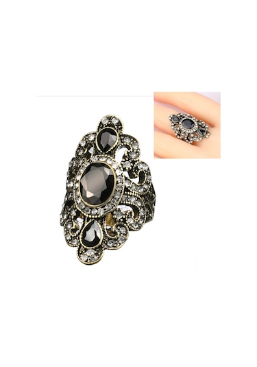 Vintage Ethnic Style Exquisite Carved Inlaid Acrylic Resin Hollow Ring, Ring Size:9 Black Çok Renkli