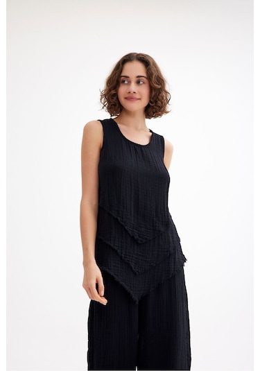 Pamuk Müslin Üçgen Bluz - Şık Ve Rahat Yaz Tasarımı Siyah