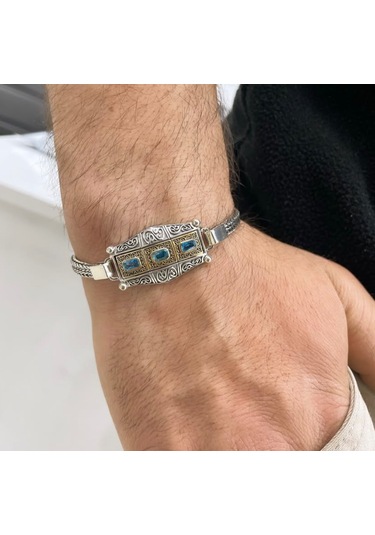 Gümüş Akuamarin Taşlı Erkek Bileklik