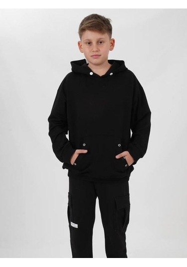 Çocuk Çıtçıt Detaylı Kapüşonlu Pamuklu Sweatshirt-14837 Siyah