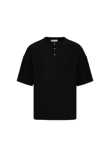 Siyah Düğmeli Yaka Oversize Tshirt Siyah