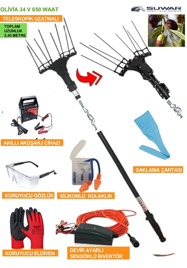 Olivia 34v 650waat Sensörlü Teleskopik Uzatmalı Akülü Zeytin Silkme Makinası+ Akü Şarj Cihazı Hediye