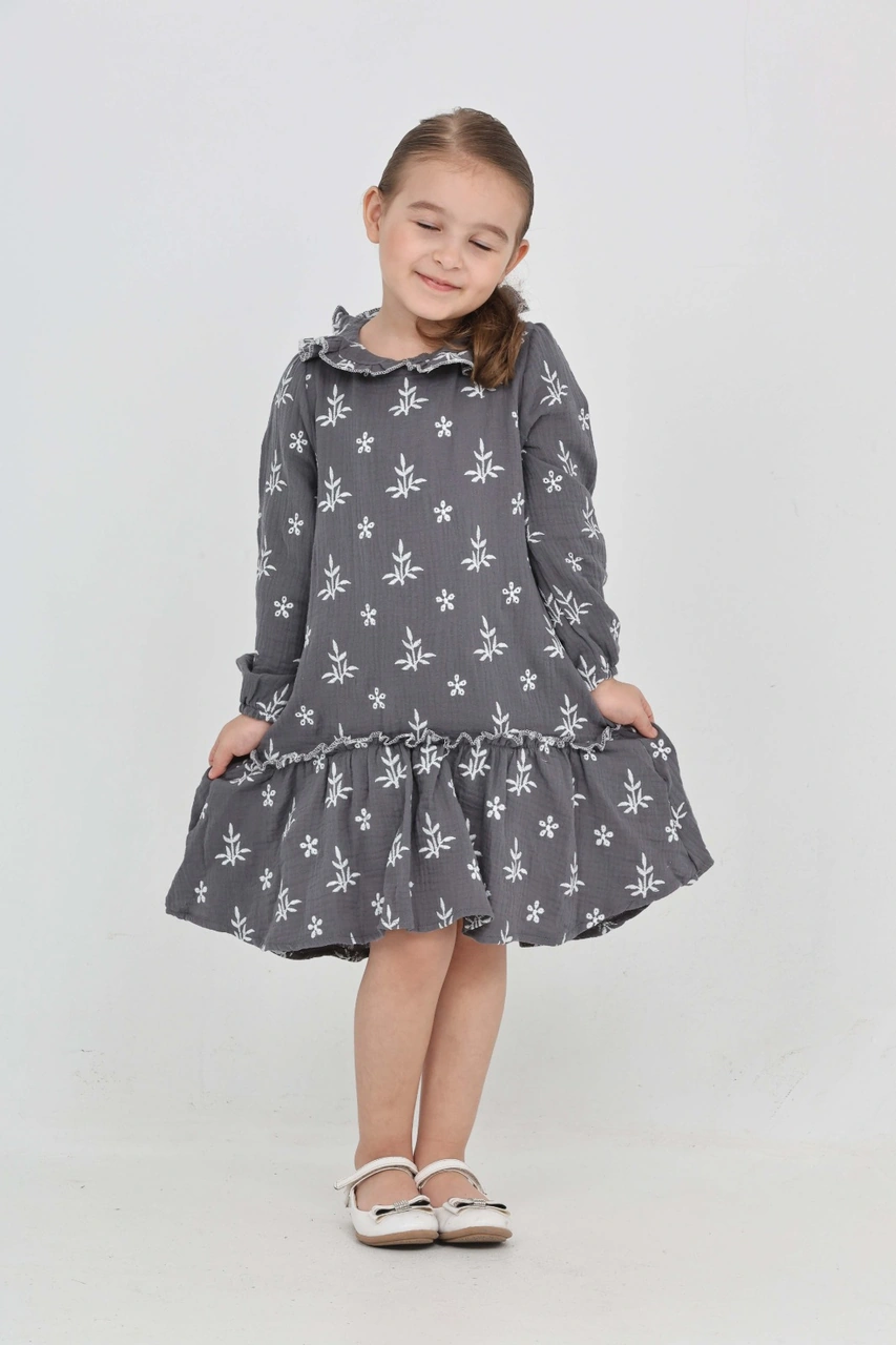 Toontoy Kız Çocuk Çiçek Nakışlı Bebe Yaka Elbise Füme