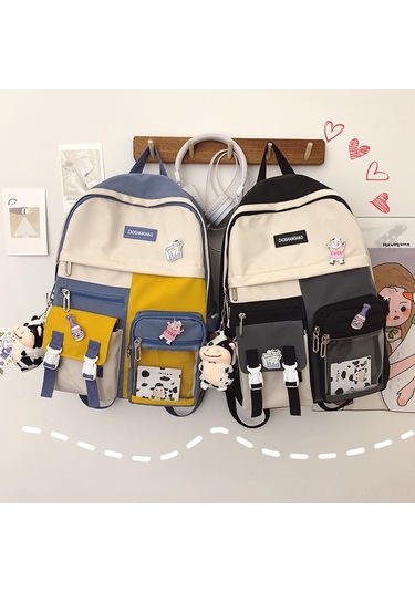 Moveevo Kadınlar İçin Modern Siyah Şeffaf Çift Omuz Çantası - Kuzuluk Askılımlı Ve 3 Adet Kartun Stickerli Okul Çantası Siyah