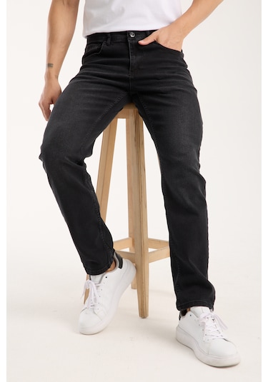 Erkek Pantolon Siyah Regular Fit Fermuarlı Jeans Füme