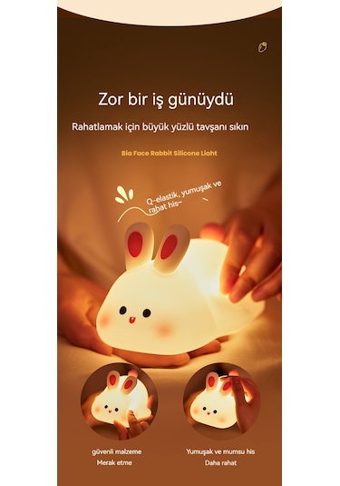 Büyük Yüz Tavşan Silikon Gece Lambası Pat Sensör Tavşan Lambası Bc-c20 Beyaz