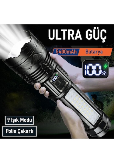 Valkyrie Şarjlı El Feneri 5400mah 30w 9 Mod Powerbank Özellikli 6km Aydınlatma Siyah