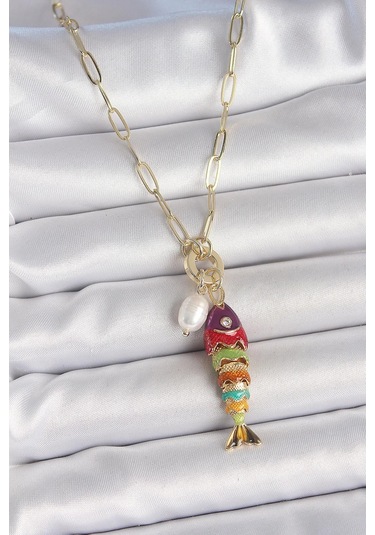 İnci Detaylı Zirkon Taşlı Rainbow Balık Figürlü Gold Renk Pirinç Kolye Çok Renkli