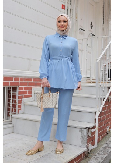 Taş Düğme Detaylı Takım Bebe Mavisi Bebemavisi Bebek Mavisi