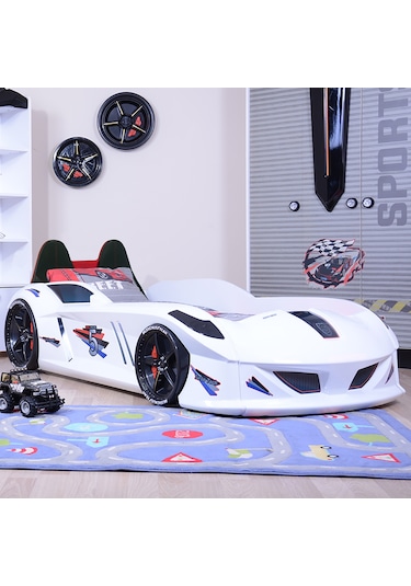 Setaymobilya Arabalı Yatak, Jaguar Koltuklu Full Ledli Beyaz, Süperlüx, Setay