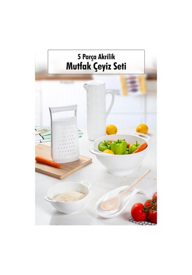 Akrilik Beyaz 5 Parça Sürahi & Rende & Süzgeç & Mini Süzgeç & Kaşıklık & Mutfak Çeyiz Seti