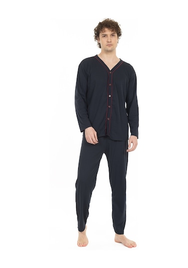 Erkek Boydan Düğmeli Yüksel Kalite Pamuk Pijama Takımı 16511-lacivert Lacivert