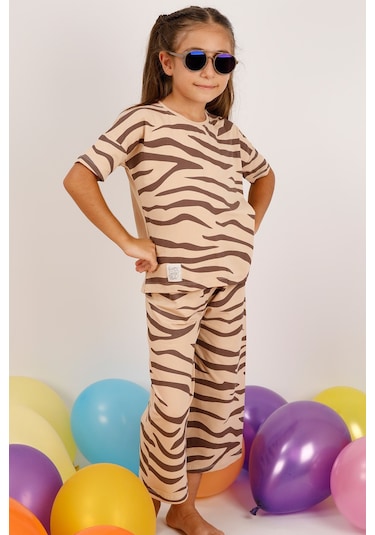 Kız Çocuk Kaprili Takım Zebra Baskılı A83 Açık Kahverengi