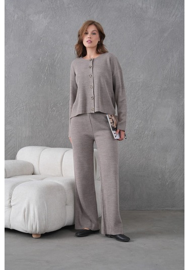 Kadın Bisiklet Yaka Düğme Kapama Kaşkorse Ceket Pantolon İkili Triko Takım K.vizon