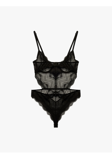Koton V Yaka Askılı Dantelli Bodysuit Siyah 6wlk00005mk Siyah