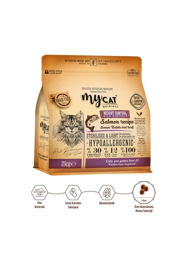 Mycat Az Tahıllı Somon Balıklı Diyet & Kısırlaştırılmış Yetişkin Kedi Maması 2 KG