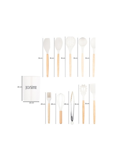 Porsima 3163  Standlı Bambu Silikon 11 Parça Servis Takımı Seti Beyaz