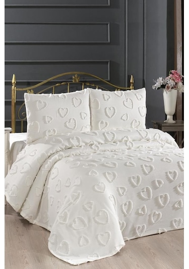 Çeyiz Diyarı Pure Love 3 Parça Çift Kişilik Pike Takımı Krem Krem