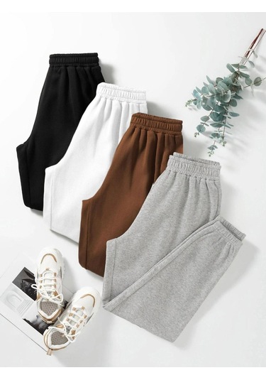 4'lü Basic Düz Ince Eşofman Altı Jogger - Siyah Beyaz Kahverengi Gri Lastik Paça Yüksek Bel Siyah Kahve Gri
