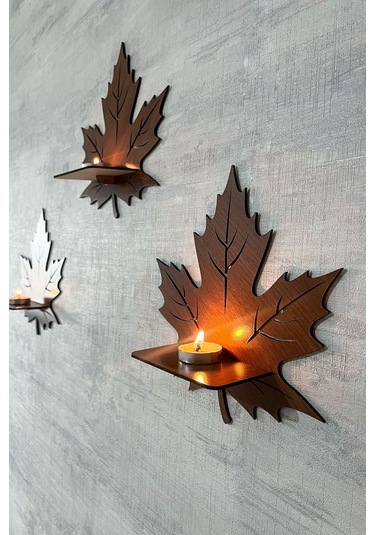 Dekoratif Ceviz Yaprak Desen Duvar Rafı 3 Lü Set 25 Cm Duvar Mumluğu - Mumluk Raf - Ahşap Desen Siyah