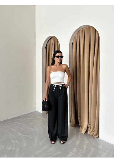 Siyah Bel Bantı Detaylı Yan Fermuarlı Pantolon Siyah