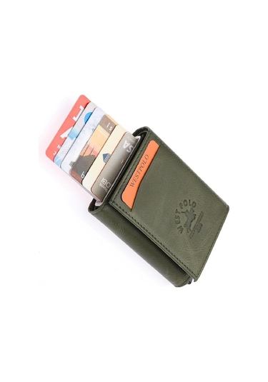 Safari Bol Kartlık Bölmeli Hakiki Deri Unisex Mekanizmalı Cüzdan Haki