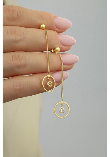 Taşlı Sarkıntılı Modern Altın Küpe