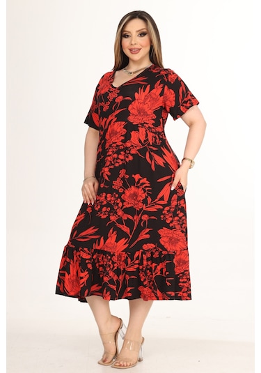 Melsay Butik Göğüsten Robalı V Yaka Kısa Kollu Kırmızı Palmiye Desenli Cepli Elbise Kırmızı