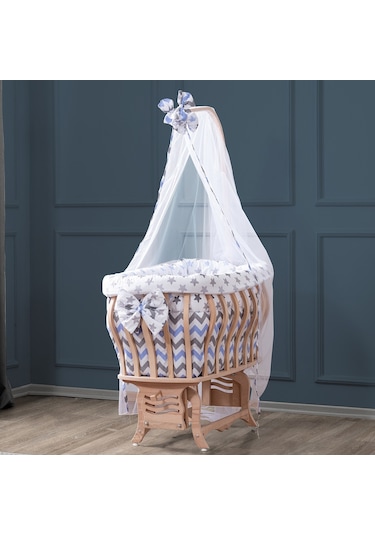 Setaymobilya Doğal Ağaç Beşik, Kristal Çizgili Sepet Beşik +Uyku Seti+Cibinlik