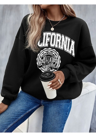 Altamira Unisex Siyah California Baskılı Bisiklet Yaka Oversize Sweatshirt 001