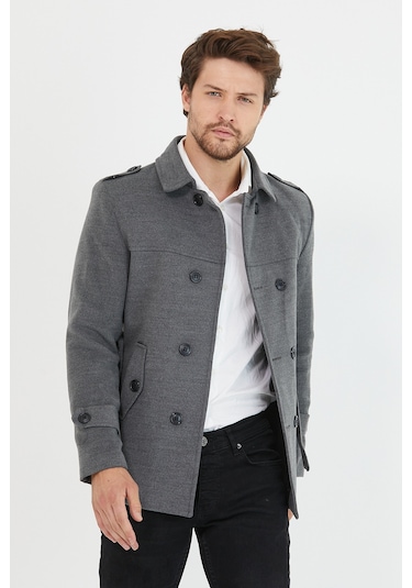 Mero Life Erkek Gri Kemerli Kaşe Kaban Trenç Model Gri