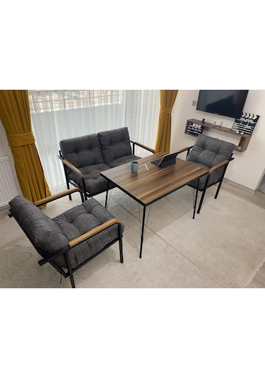 Modern Venüs Balkon, Bahçe, Cafe - Salon - Metal Kanepe Koltuk Takımı - 2+1+1 + Masa Antrasit Modernsh56 Antrasit