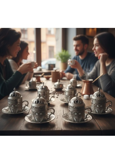 Defne 6 Kişilik 24 Parça Porselenli Gümüş Renk Kahve Fincan Seti Gümüş