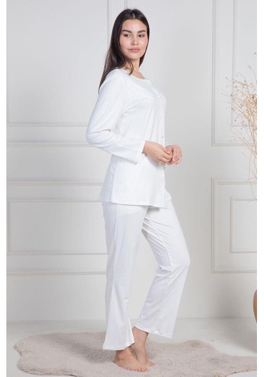 Mecit 6105 Bayan Ekru Büyük Beden Boydan Düğmeli Pijama Takımı Ekru