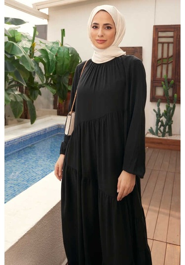 6614-denim Büzgülü Tensel Elbise Siyah