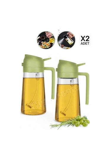 2 Adet Çift Fonksiyonlu Yağdanlık 450ml Zeytinyağı Sıvıyağ Cam Şişe Sprey Airfryer Yağlık Sirkelik Yeşil