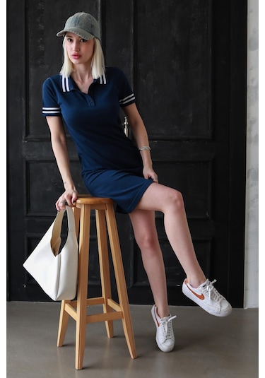 Madmext Lacivert Polo Yaka Şerit Detaylı Kadın Elbise Mg2344