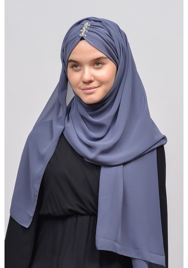 Altobeh Zarif Taşlı Drapeli Hazır Pratik Şifon Kadın Tesettür Şal - Gümüş