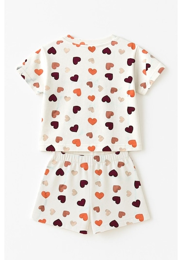 Kız Çocuk Renkli Kalpler %100 Pamuklu Pijama Takımı 3-4 Yaş 8-9 Yaş Beyaz