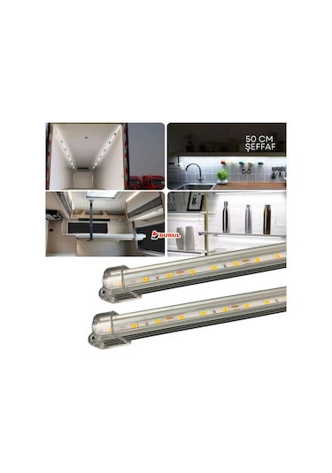 2 Adet Alüminyum Kasa Çubuk Led 12 Volt Beyaz Işık 50 Cm Şeffaf Karavan Tekne Otomobil Sb-6550