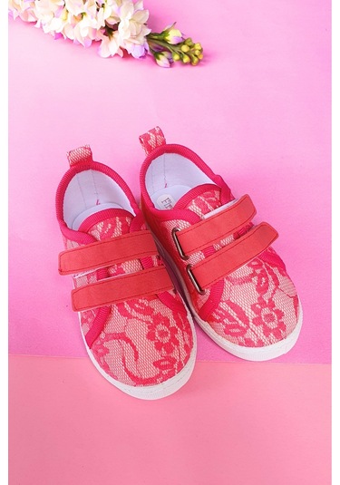 Çift Cırtlı Dantelli Keten Spor Çocuk Ayakkabısı-fuşya-f-4005 Fuşya