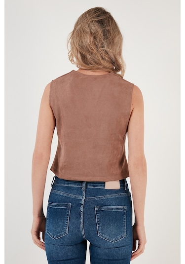 Lela Fitted Scuba Süet V Yaka Düğmeli Bayan Yelek 5865576 Vizon